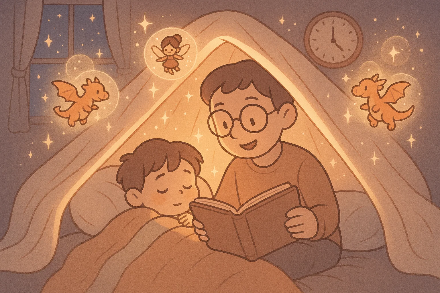 Parent reading short magic stories to kids before bedtime in warm light.