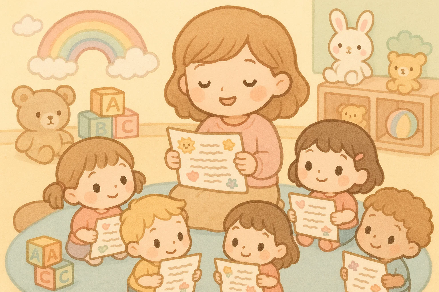 Short poems for preschool teachers with young kids reading poem cards together.