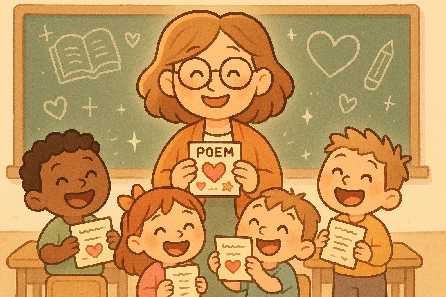 Heartfelt short poems for teachers shown in a warm classroom with smiling students.