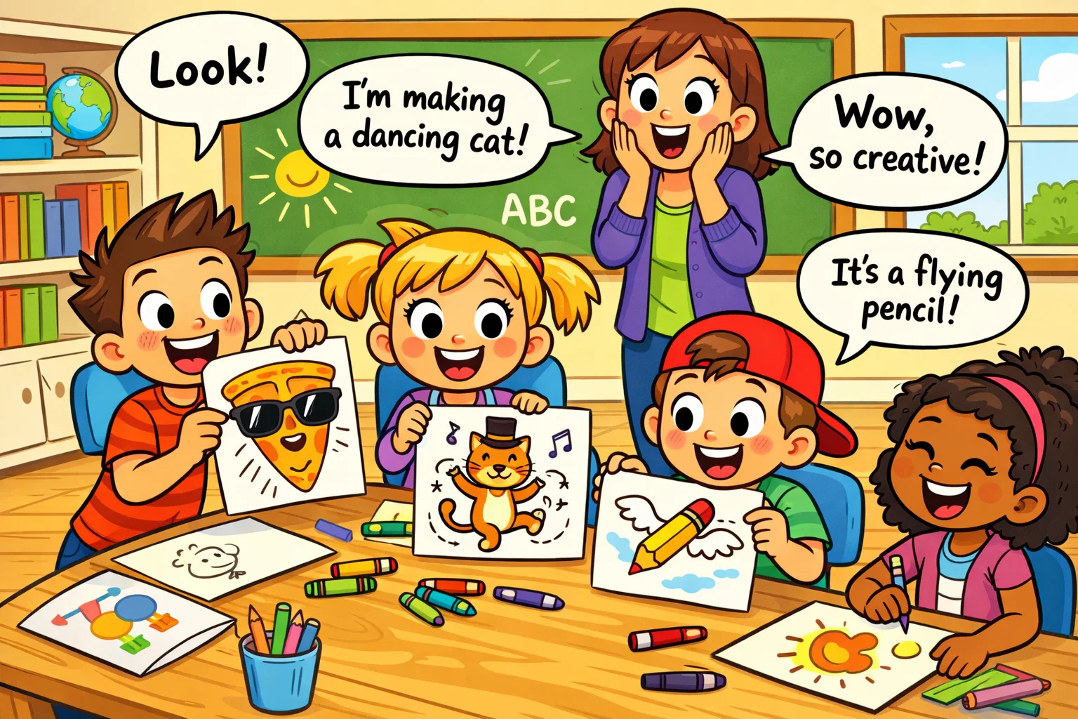 Silly drawing prompts classroom scene with students sketching funny ideas.
