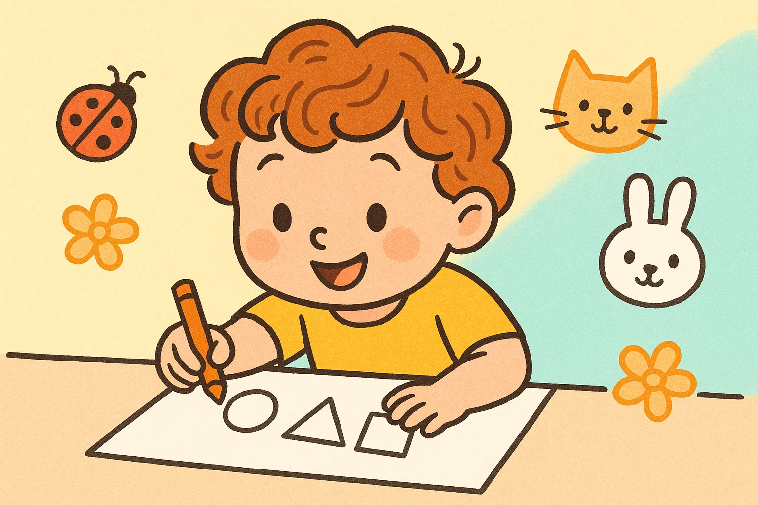 Smiling child practicing simple drawing ideas for beginners using circles and lines.