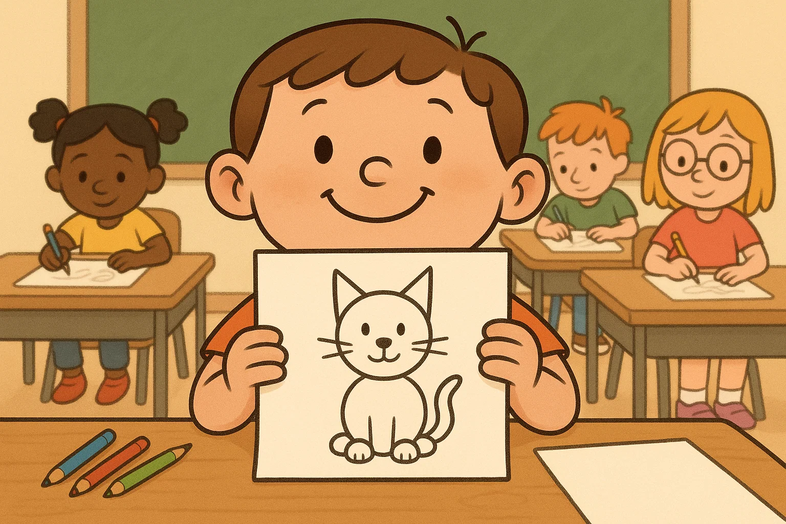 Student showing simple cat drawing made of basic shapes in art class.
