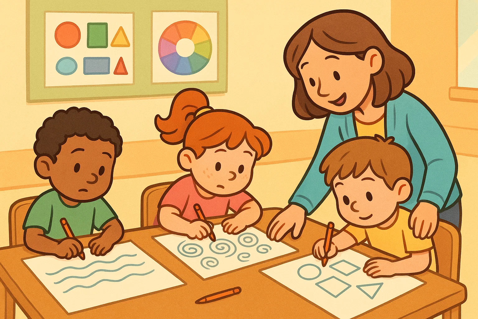 Cartoon of young students learning simple drawing projects with teacher guidance.

