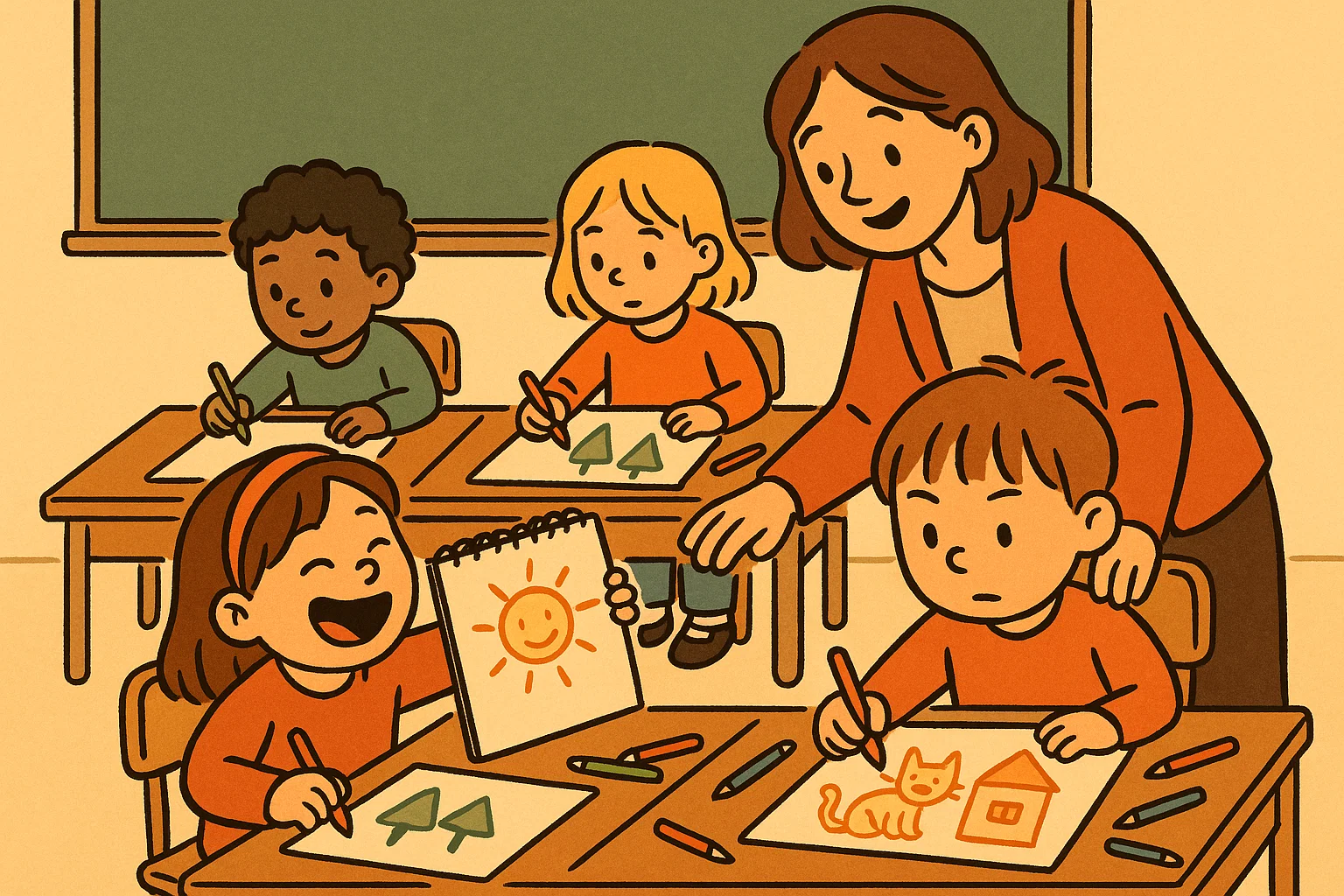 Kids work on simple drawing projects for grade 3 using pencils and sketch pads.