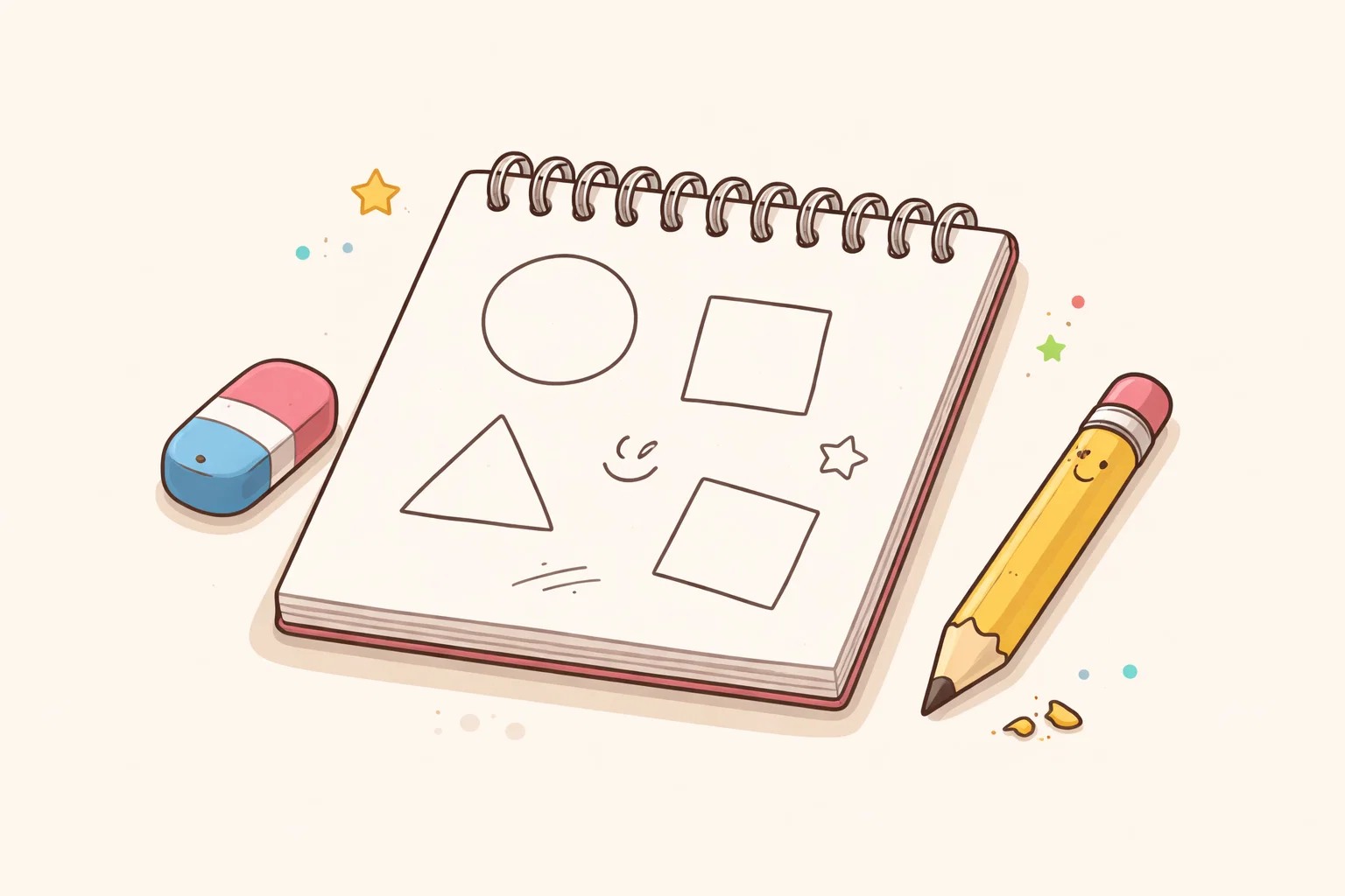  Beginner drawing tools like a pencil, eraser, and basic shapes for simple drawing techniques.
