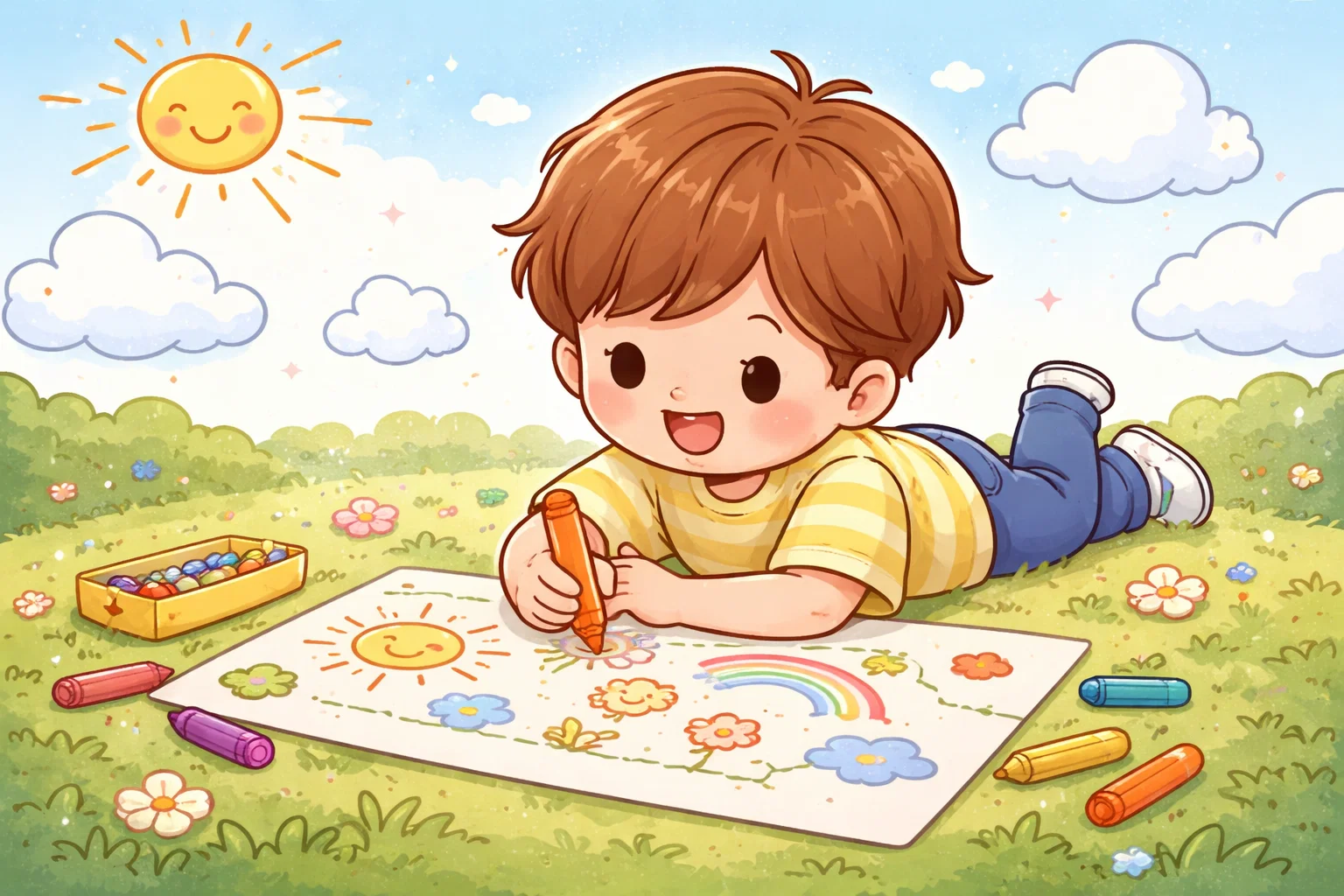 Child drawing a tree with beginner nature drawings like flowers and clouds.
