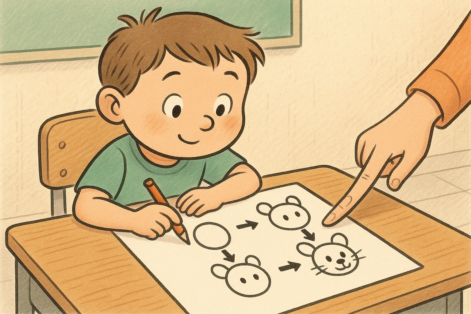 Child learning easy step-by-step drawing ideas for grade 1 in classroom setting.
