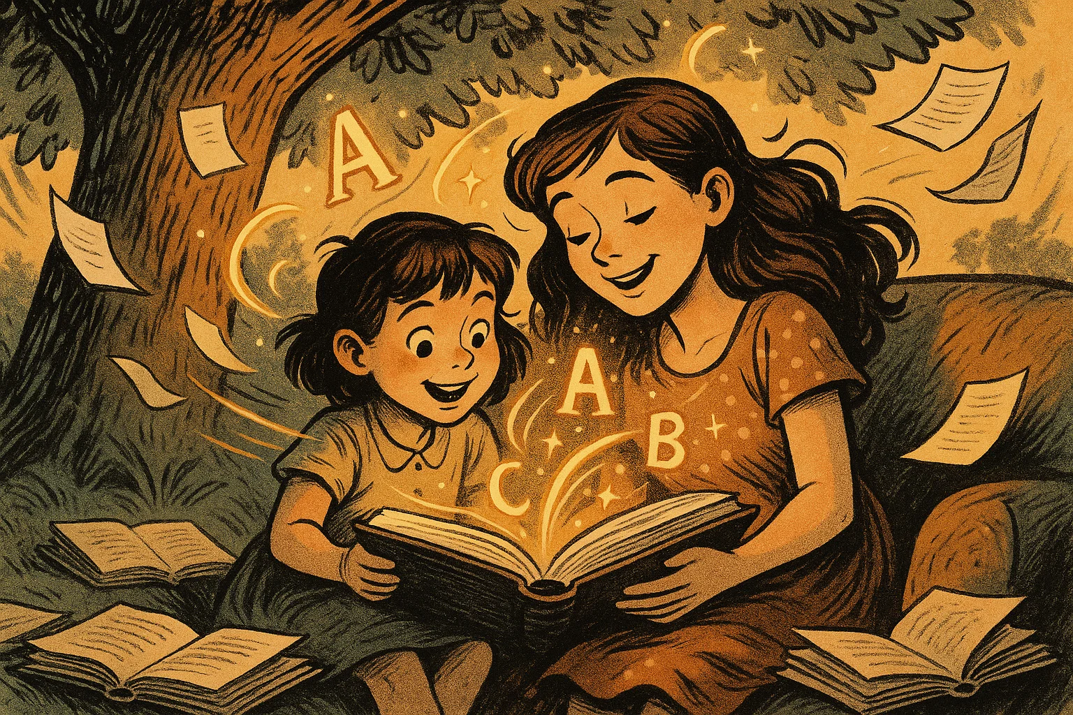 Two sisters reading books with warmth and inspiration in a comic illustration.