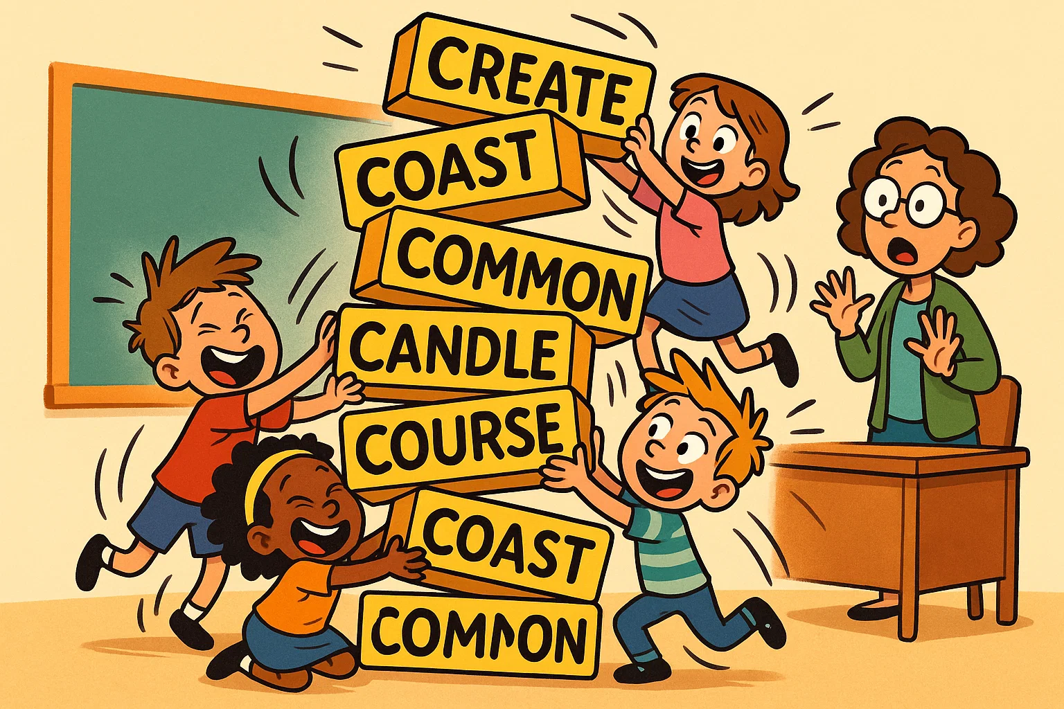 Children build six letter c words funny tower with playful cartoon expressions.