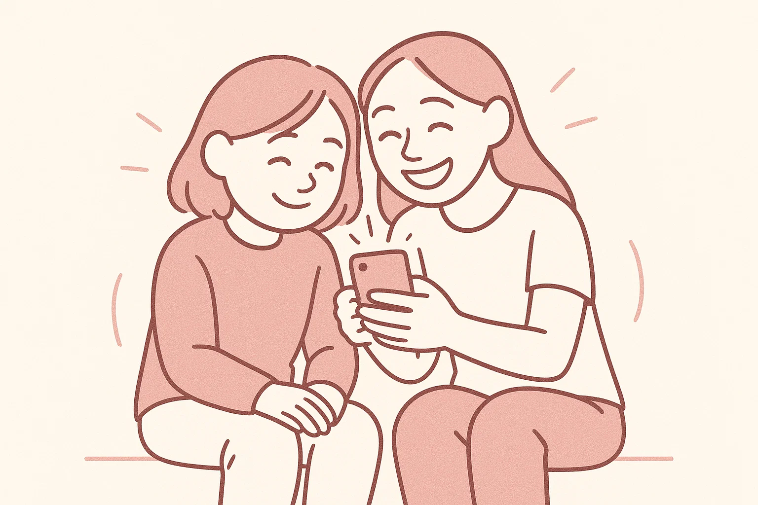 Two sisters smiling together while looking at a phone in a light cartoon style.