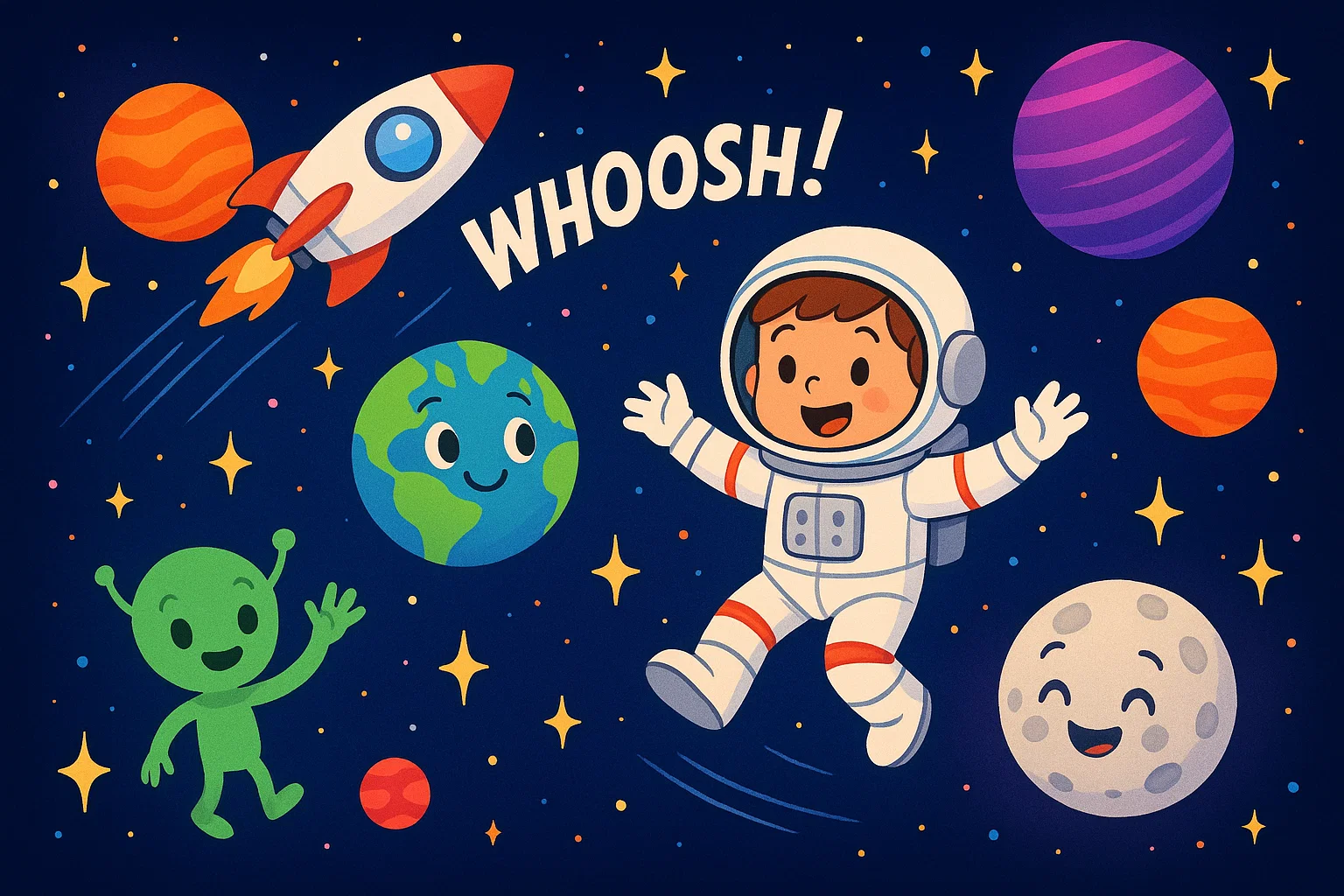 Cartoon astronaut exploring space and planets in fun universe scene for 12 year olds.
