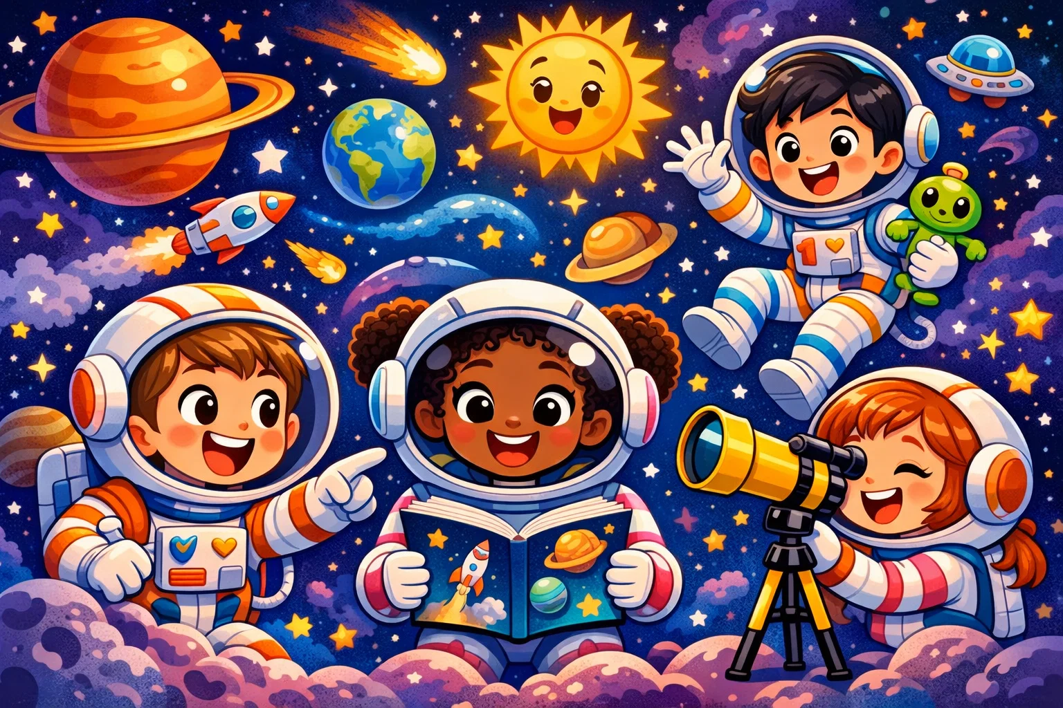 Cartoon of kids as astronauts exploring space with colorful planets and.
