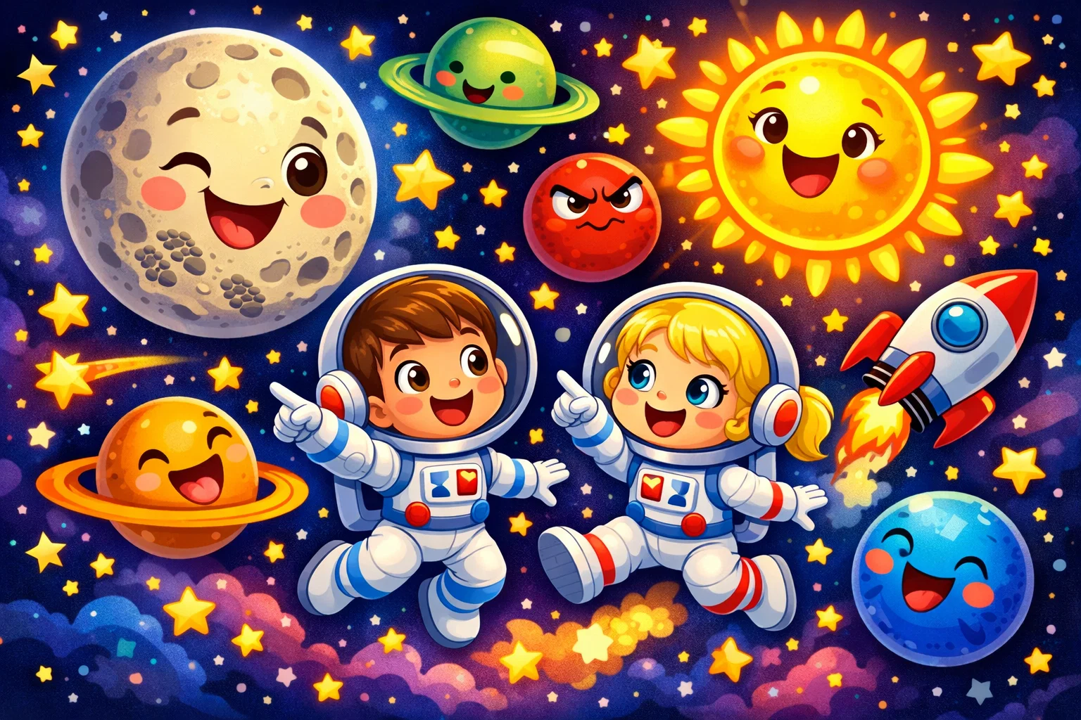 Space fun facts for 4 year olds cartoon with kids, planets, moon, stars, and rocket.
