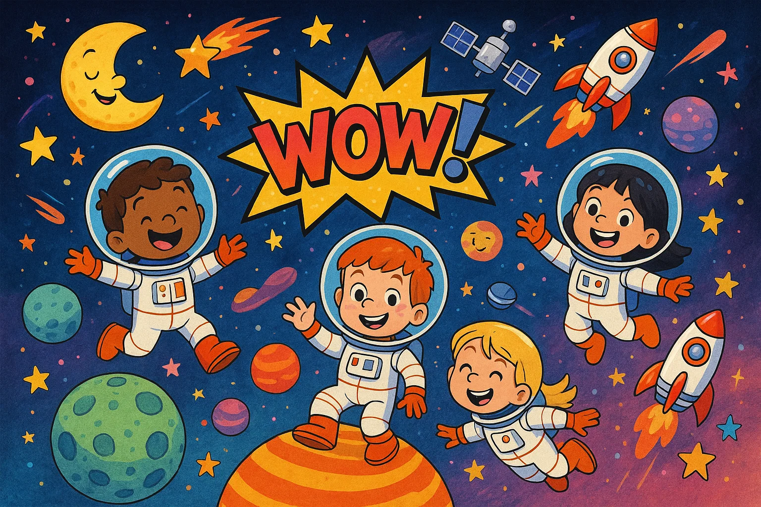 Cartoon astronauts discovering space fun facts for 9 year olds.
