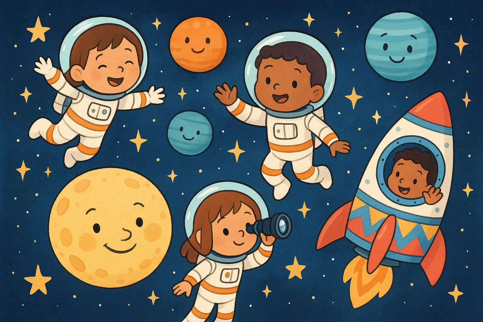 Preschoolers exploring space fun facts as cartoon astronauts with friendly planets.