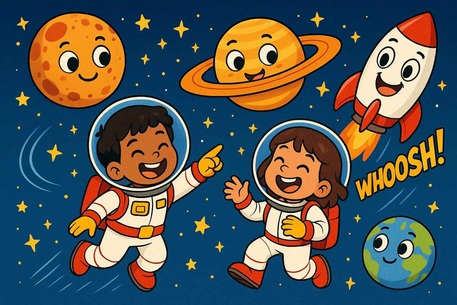 Space fun facts primary students cartoon showing kids as astronauts near planets.