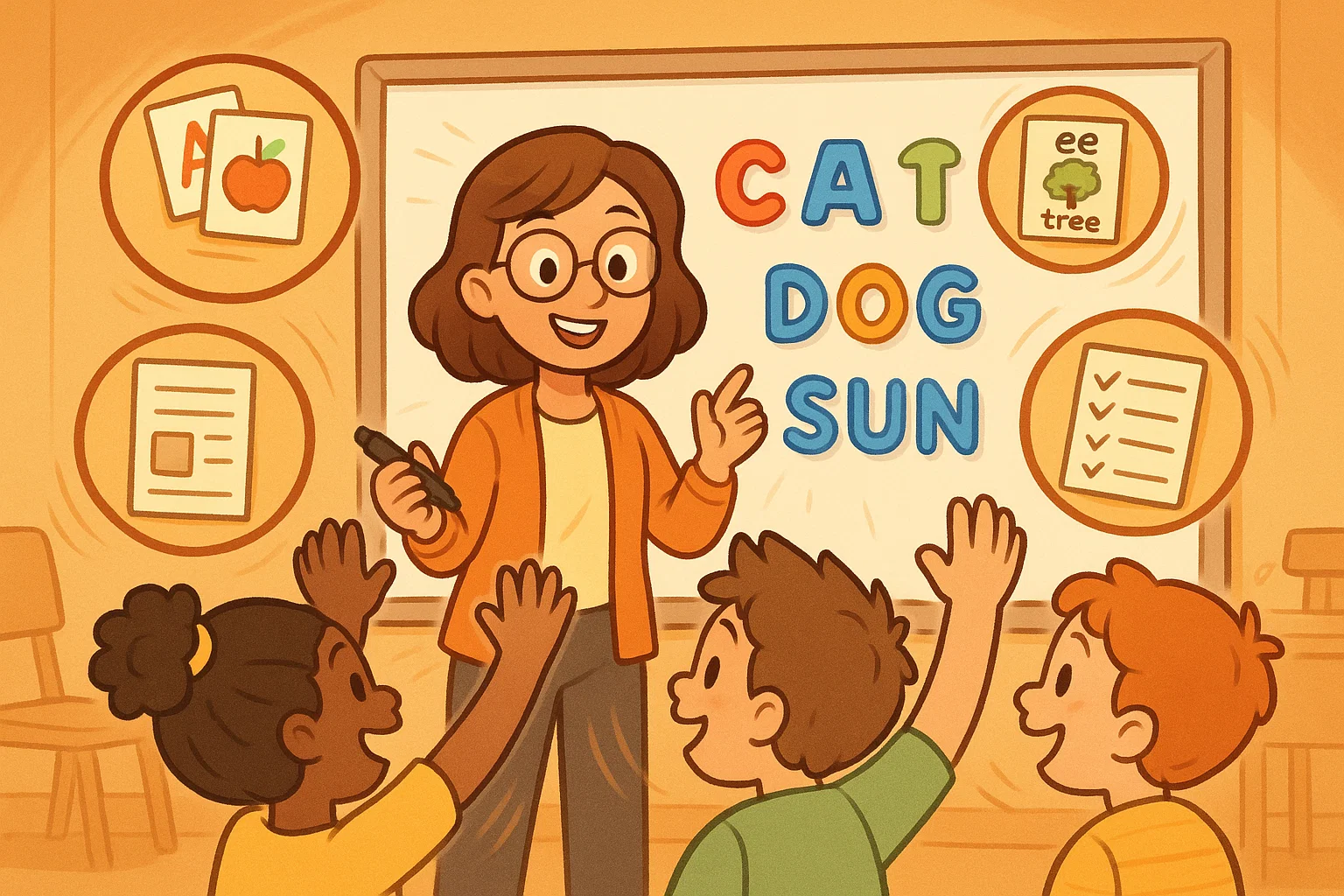 Spelling support for teachers classroom cartoon with kids and word cards.