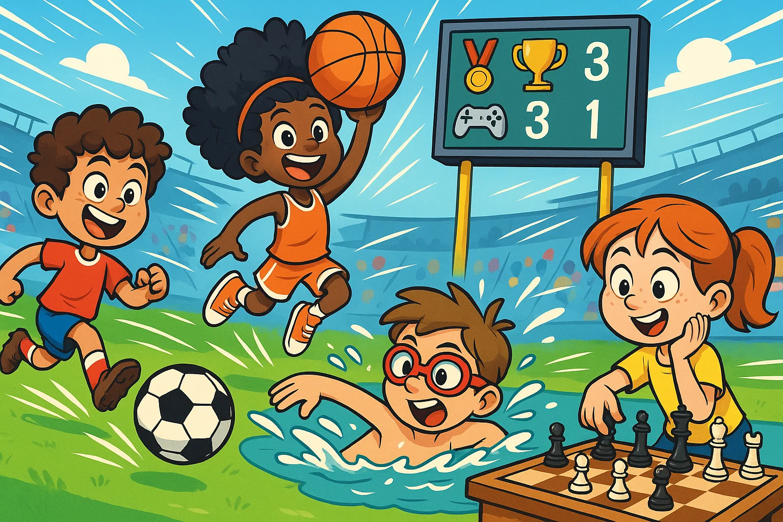 Fun cartoon of 10 year olds enjoying sports and learning game facts.