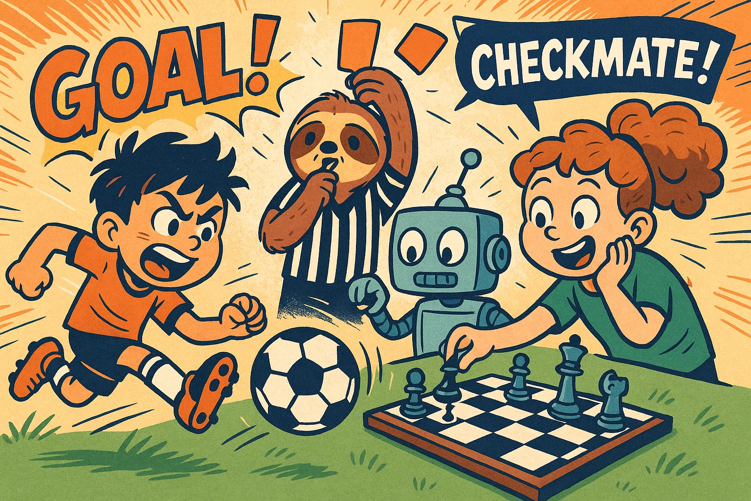 Cartoon of kids playing sports and games with funny animals and action lines.