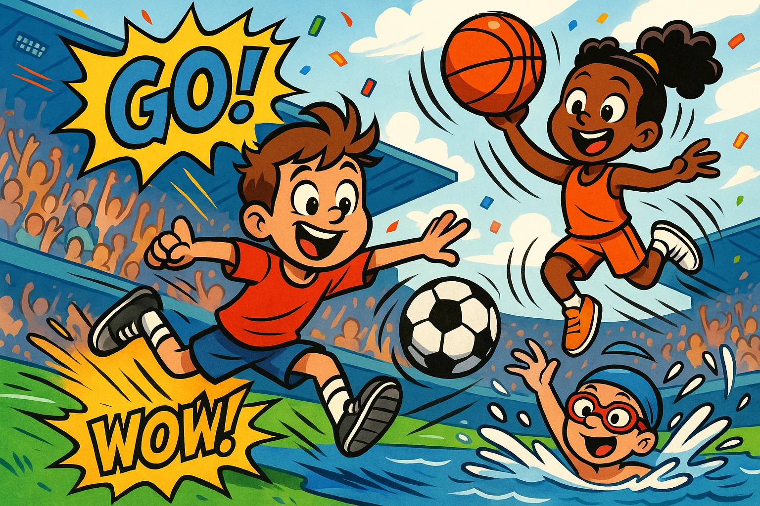 Cartoon kids enjoying sports and games fun facts for 9 year olds.
