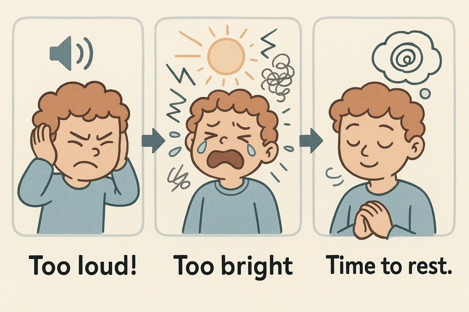 Stages of child meltdown with emotions from frustration to calm recovery illustrated.
