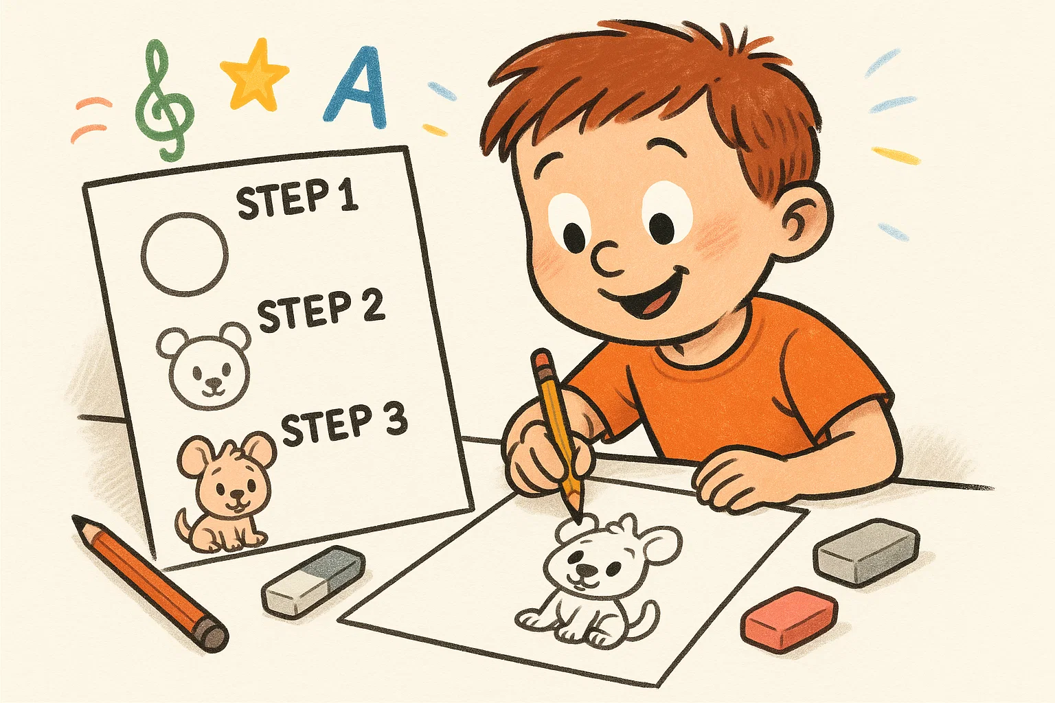 Kid learning step-by-step drawing activities with pencil and paper practice.