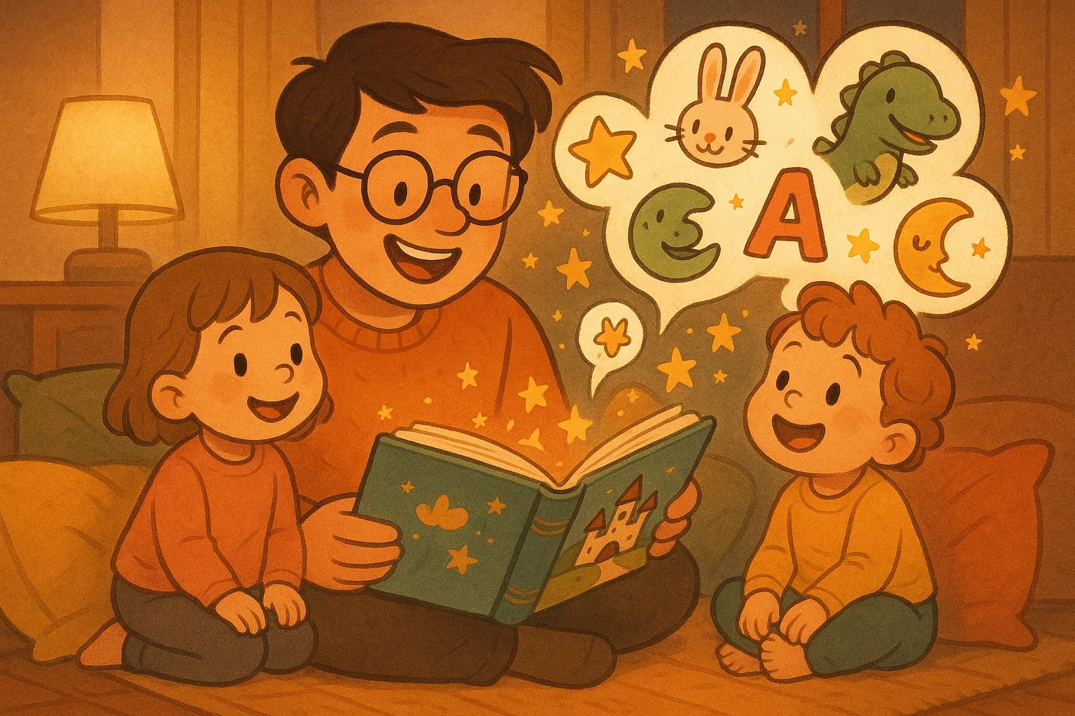  Parent reading book to toddlers during storytelling and learning time.
