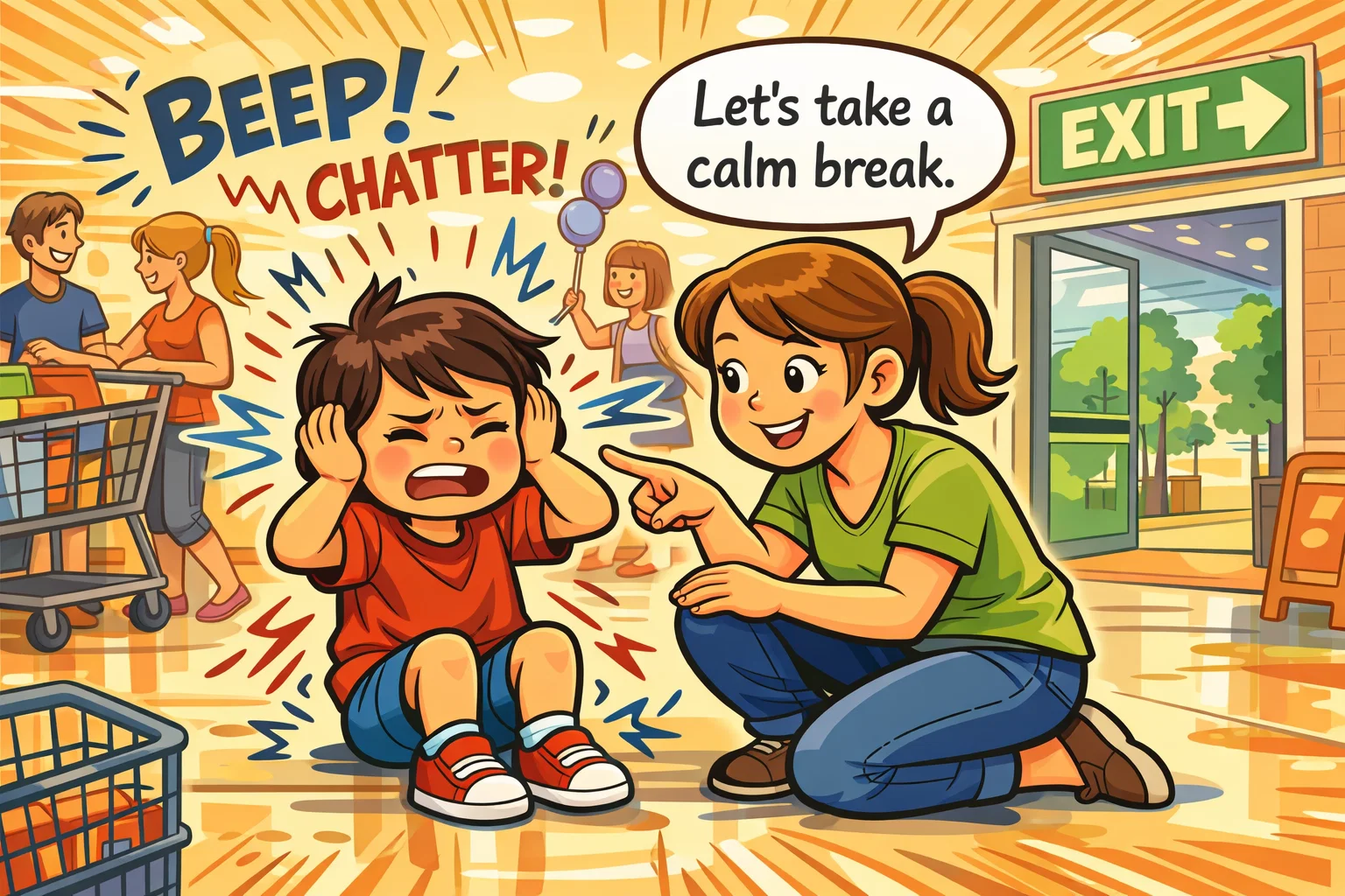 Child feeling overwhelmed in public with parent offering support and a calmer space.