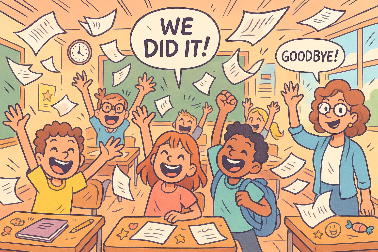 Playful cartoon of student last day of school quotes with kids celebrating in class.