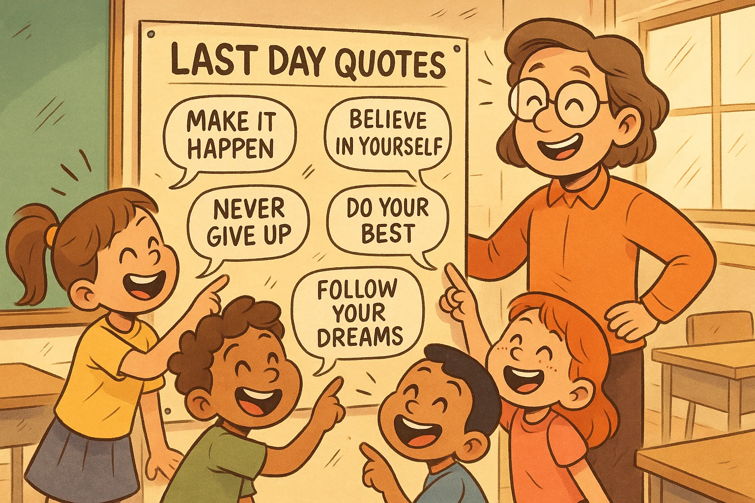 Cartoon of student last day quotes on end of school year board with smiling kids.