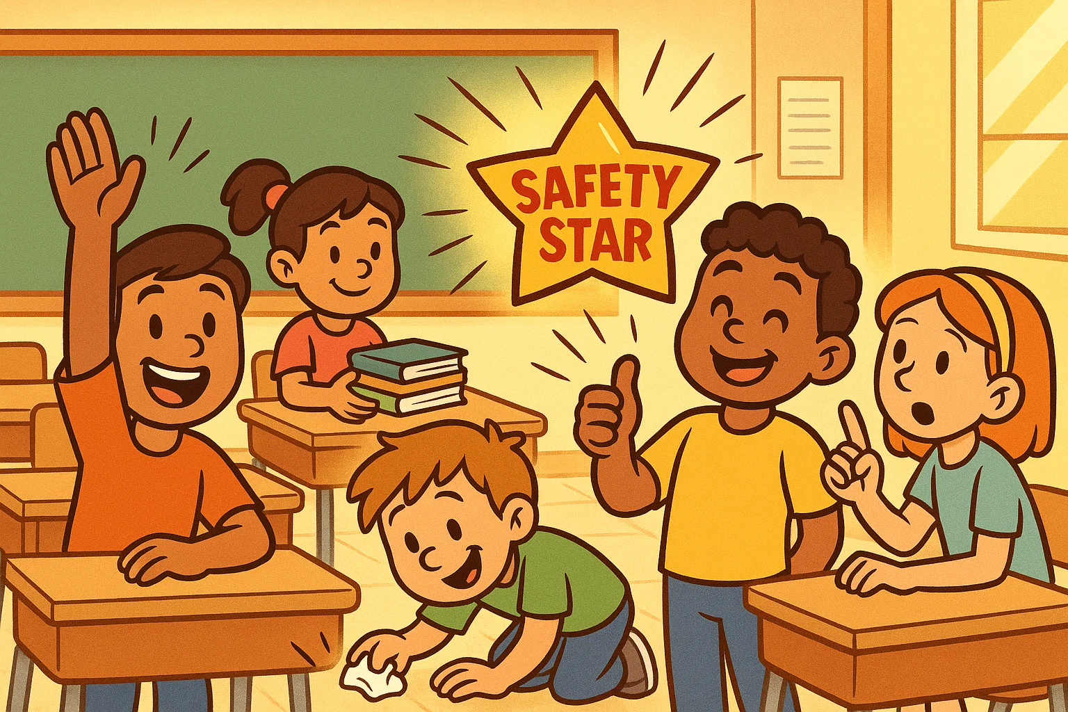 Cartoon showing students role in classroom safety with children helping keep the room safe.