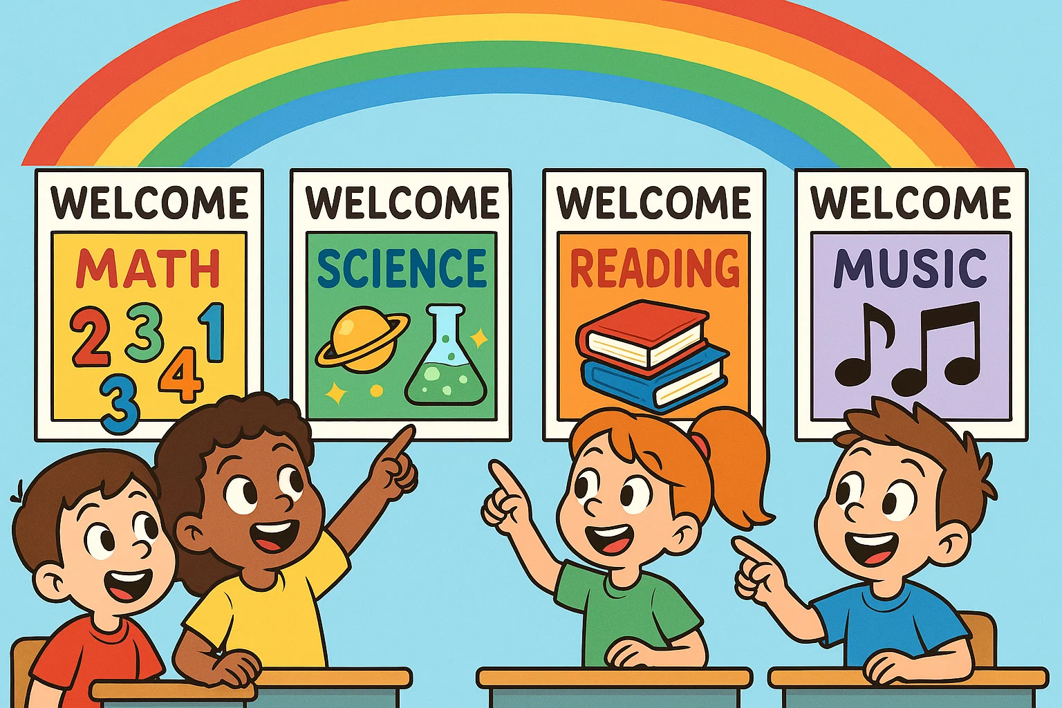Subject based welcome board ideas with themed designs for different school subjects.