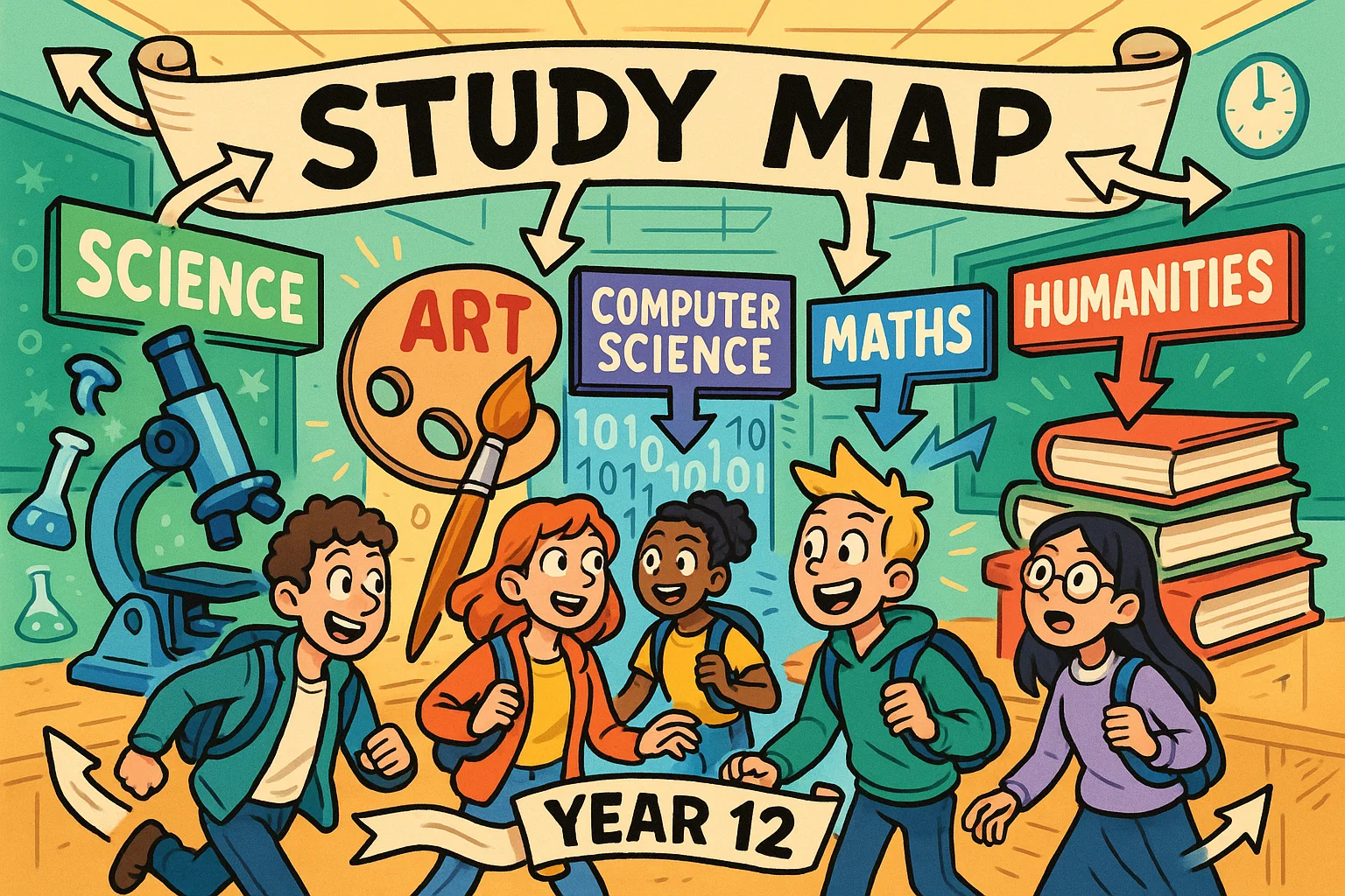 Cartoon of subject faculties study maps year 12 with different learning areas.