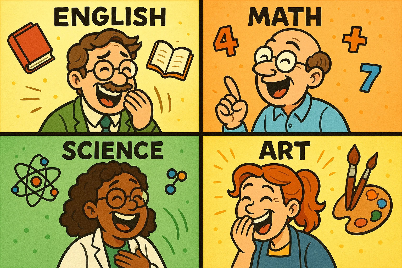 Cartoon panels with teachers reacting to subject jokes in a bright kid-friendly style.