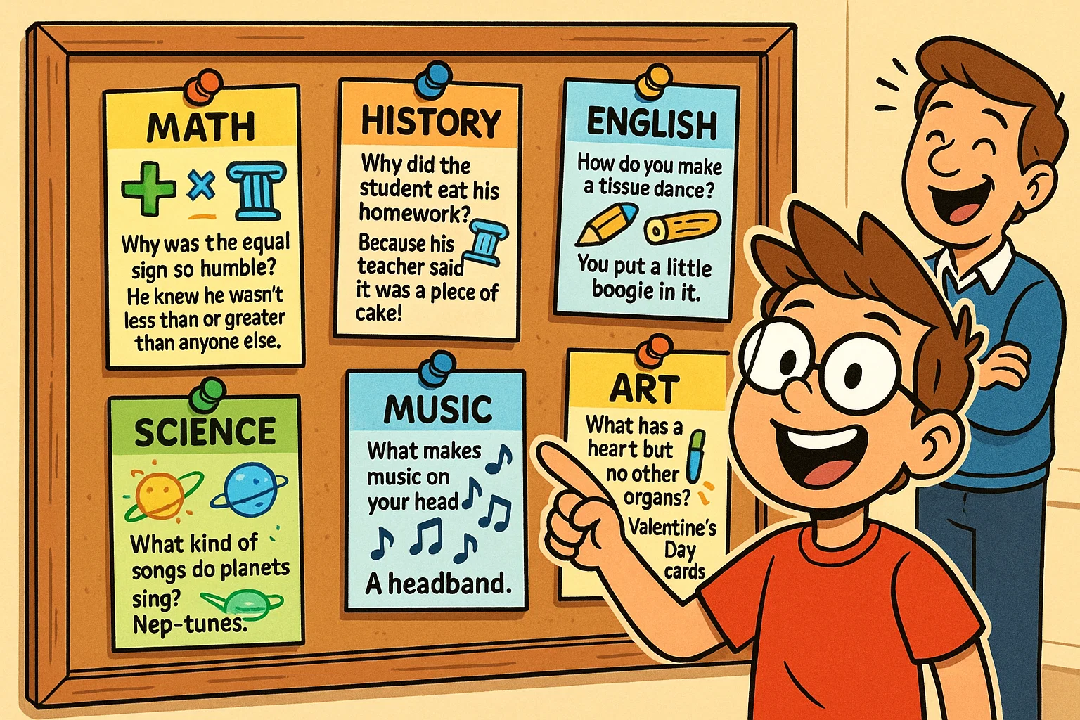 Cartoon bulletin board with fun subject joke lists and smiling students pointing at jokes.