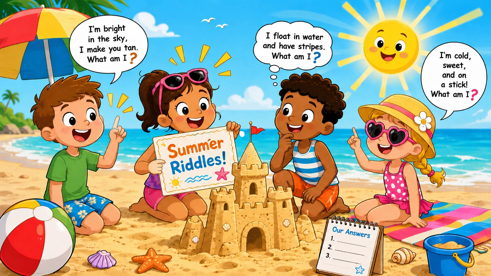 Kids solving summer riddles for 7 year olds on sunny beach.