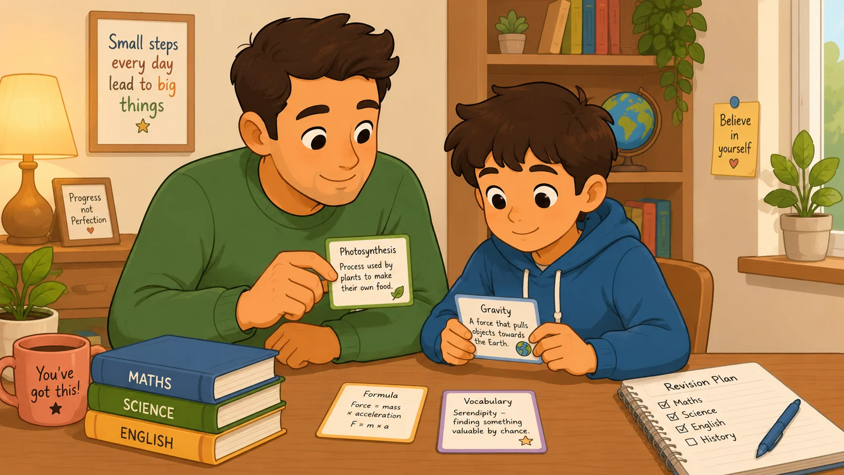 Parent helps child with last minute revision without pressure before exam. 
