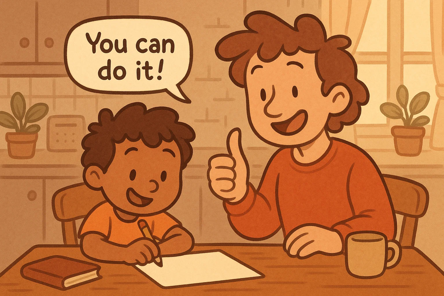 Support second grader homework cartoon with parent encouraging child during learning.