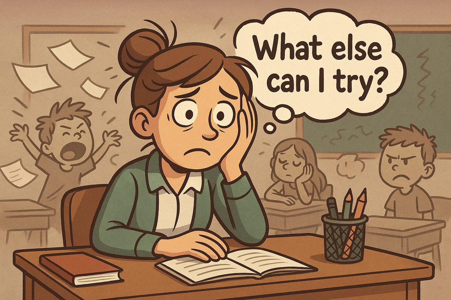 Cartoon of teacher struggling to calm noisy classroom with restless students.