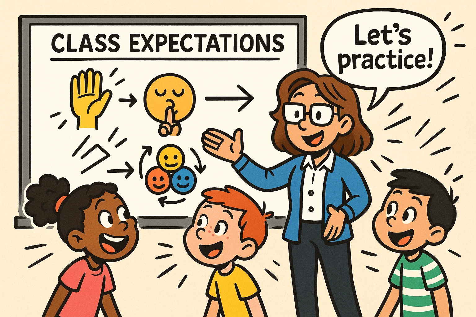 Teacher teaching classroom expectations cartoon style with excited students watching.