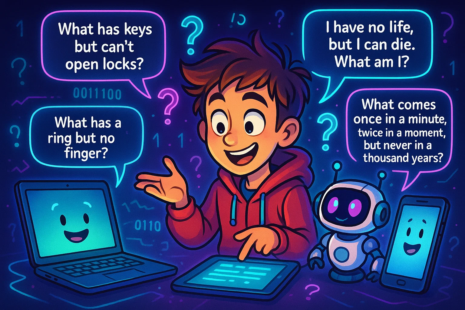 Cartoon of teen surrounded by gadgets asking tech riddles.
