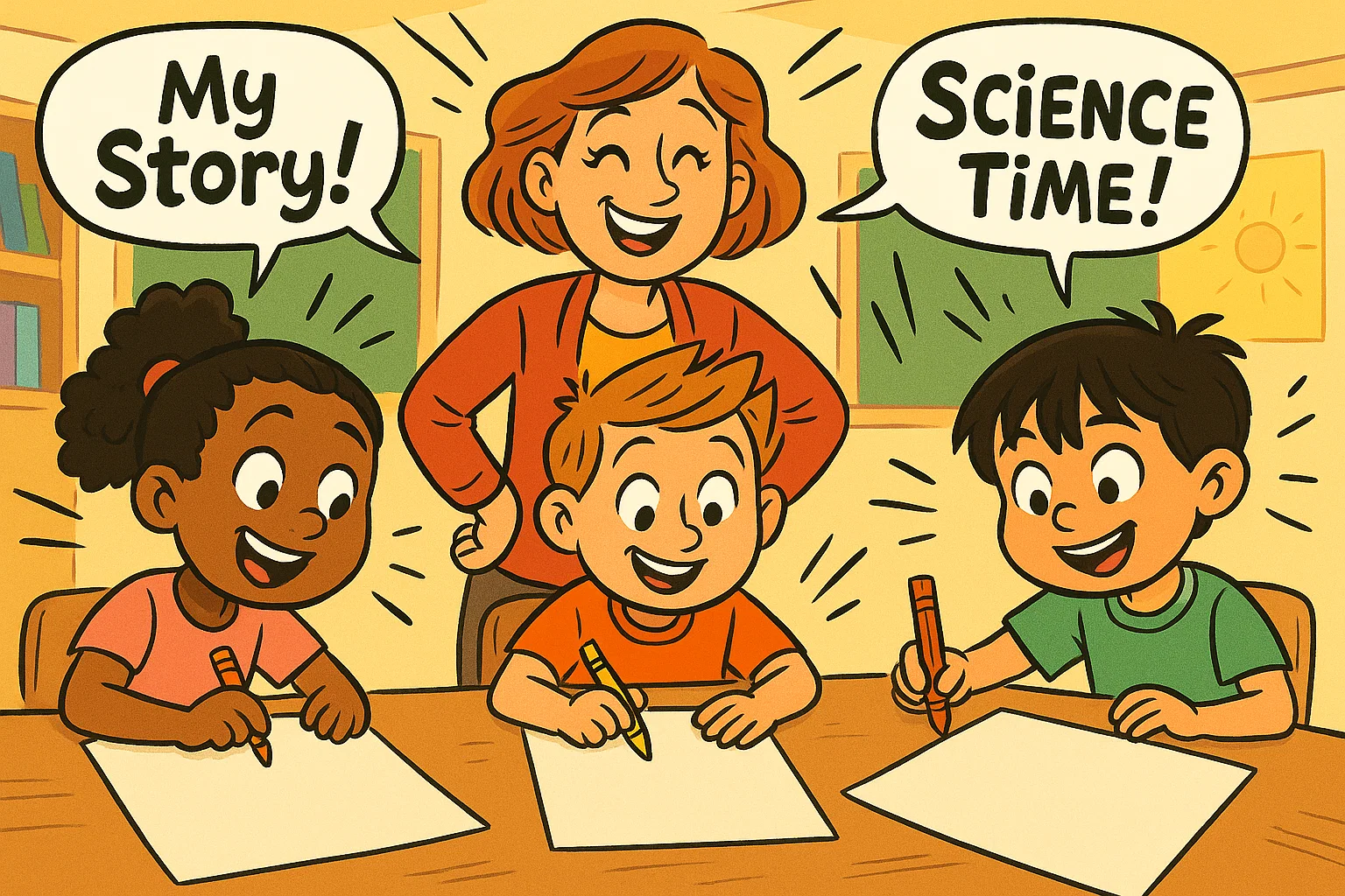 Children drawing school subject themes like planets, shapes, and stories.
