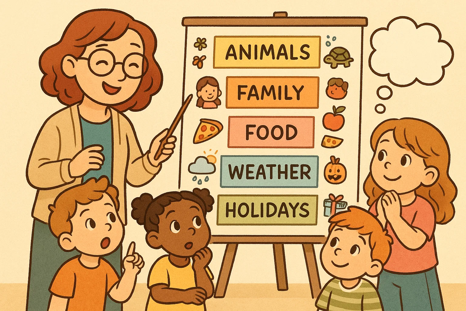 Teacher showing classroom board of thematic kindergarten writing prompts.