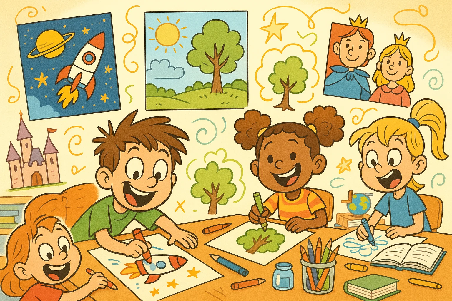 Fun cartoon of students creating themed drawing ideas inspired by school subjects.
