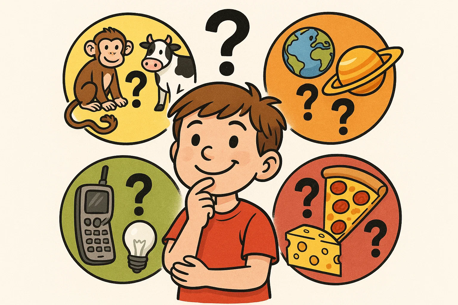 Cartoon of 12 year old thinking about themed riddles like animals and planets.