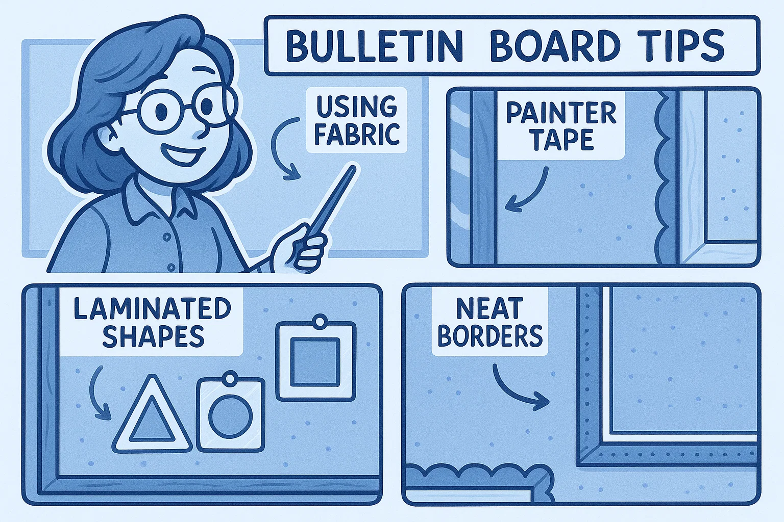 Tips for creating welcome boards shown in a cartoon tutorial style.