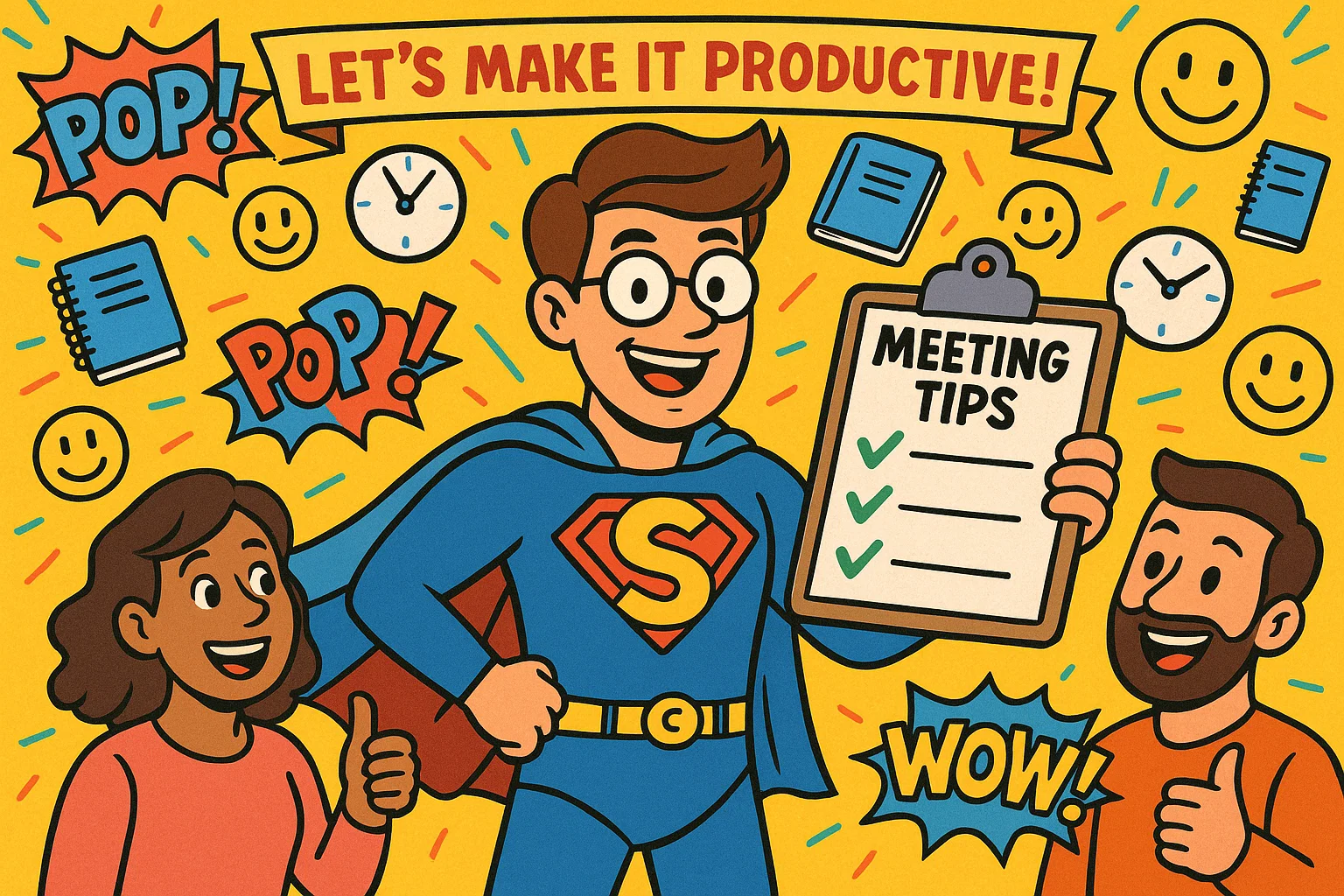 Cartoon showing tips for productive parent teacher meetings with happy parents and teacher. 