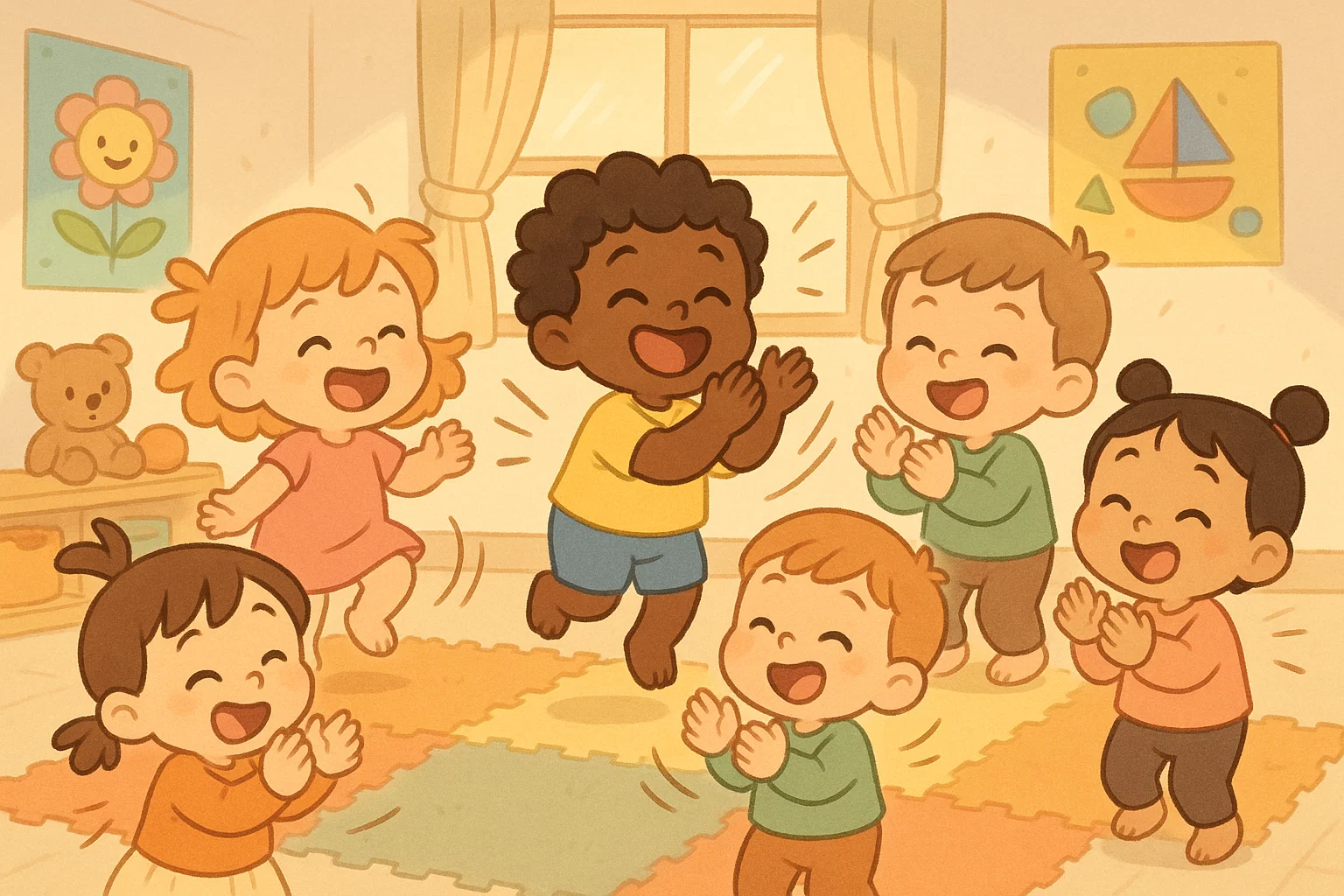 Cute toddlers dancing in a colorful classroom with music and toys.