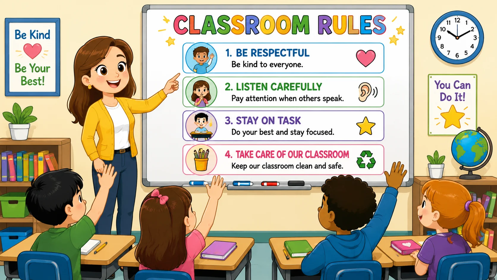 Top 10 classroom etiquette rules poster with teacher and students raising hands. 