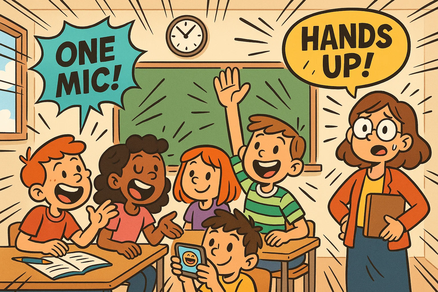 Playful cartoon with top classroom etiquette rules shown by students and teacher.